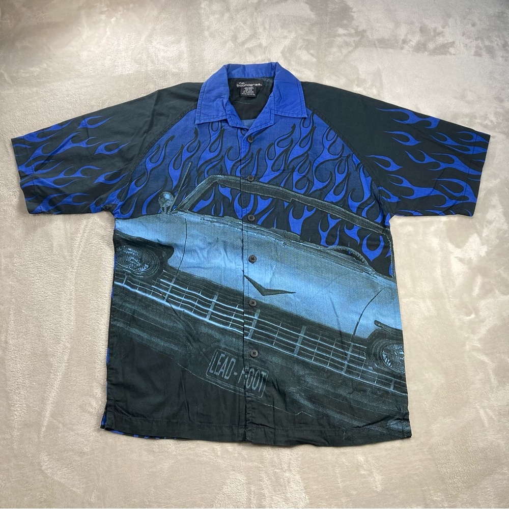 Vintage 90s No Boundaries Lead Foot Car Blue Fire Flame Button Up Shirt Sz Small